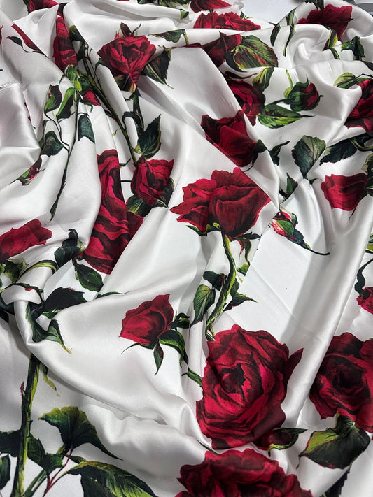Red Rose Pattern White Fabric