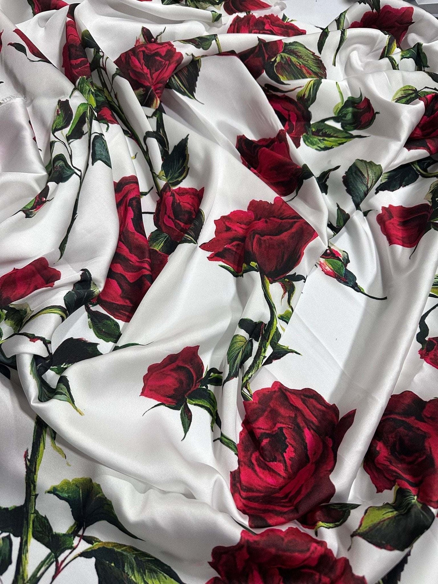 Red Rose Pattern White Fabric – Fabric by Metre, Options: Satin, Crepe, Spandex, Chiffon