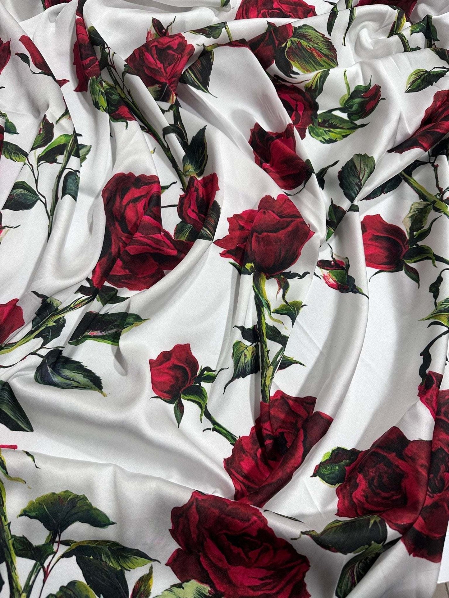 Red Rose Pattern White Fabric – Fabric by Metre, Options: Satin, Crepe, Spandex, Chiffon