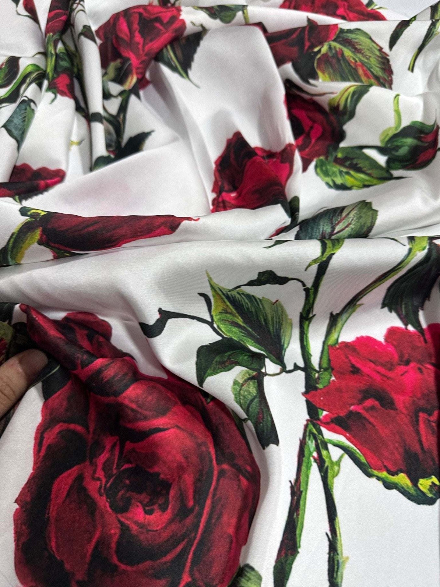 Red Rose Pattern White Fabric – Fabric by Metre, Options: Satin, Crepe, Spandex, Chiffon