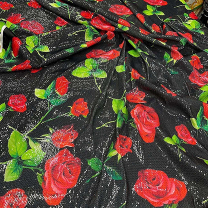 Red Rose Pattern Sequin Fabric, 2-way stretch Sequin Fabric, Fabric by the yard