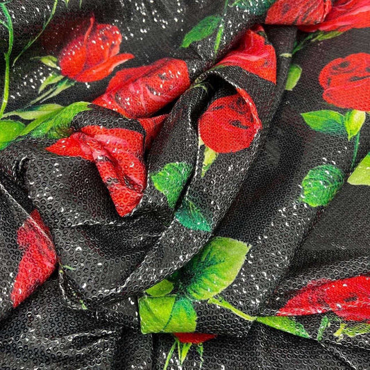 Red Rose Pattern Sequin Fabric, 2-way stretch Sequin Fabric, Fabric by the yard