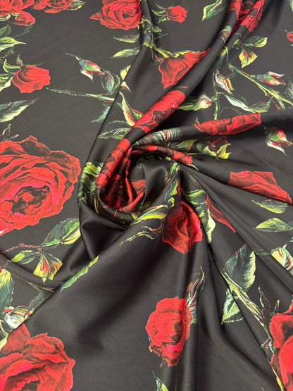Red Rose Print Satin Fabric by the Metre – Elegant Dressmaking