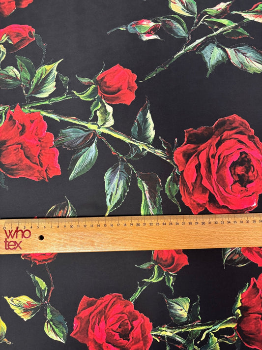 Red Rose Print Satin Fabric by the Metre – Elegant Dressmaking