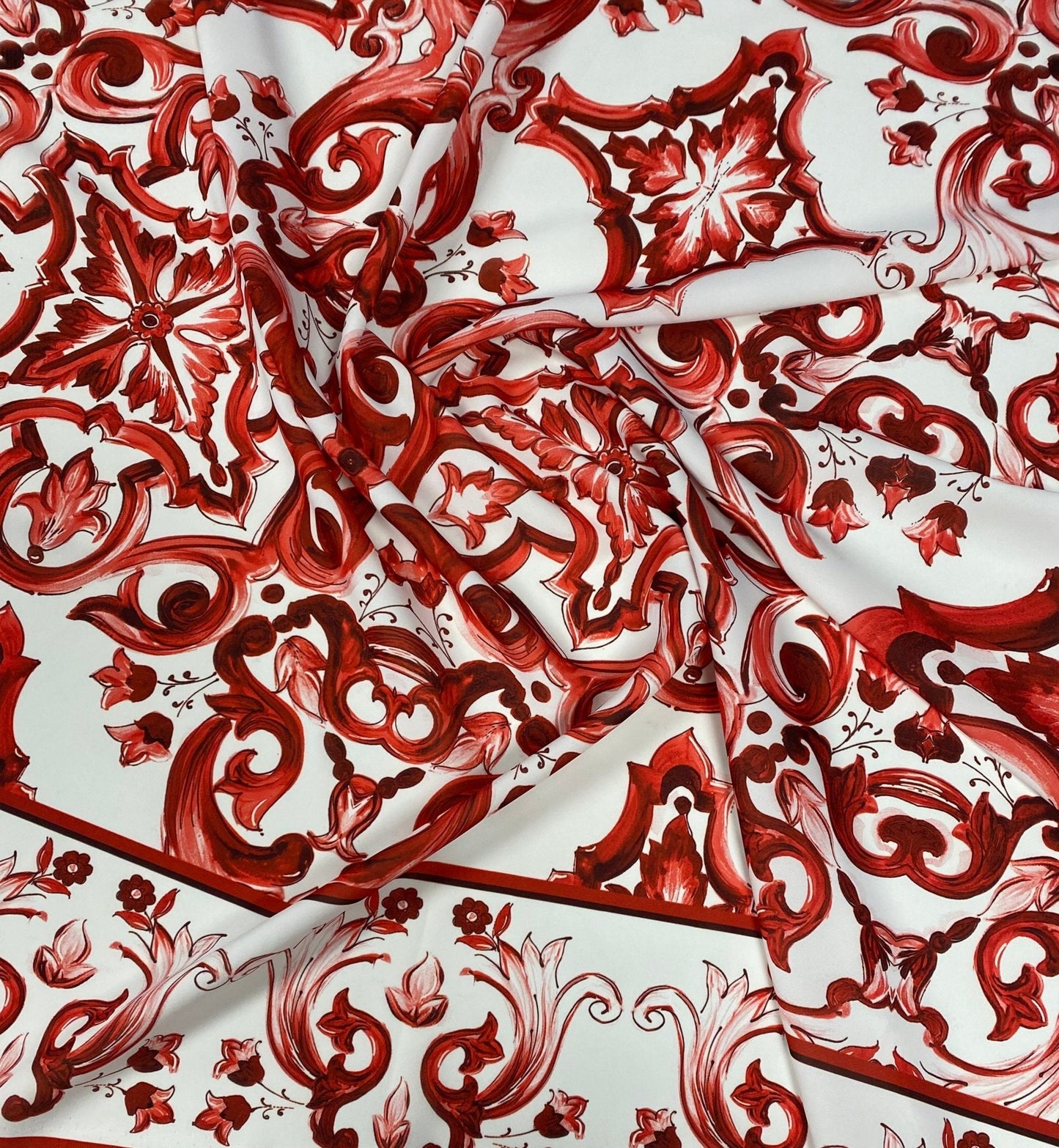 Red Sicilian Majolica Fabric – Custom Printed Fabric on Satin, Crepe, Spandex or Chiffon