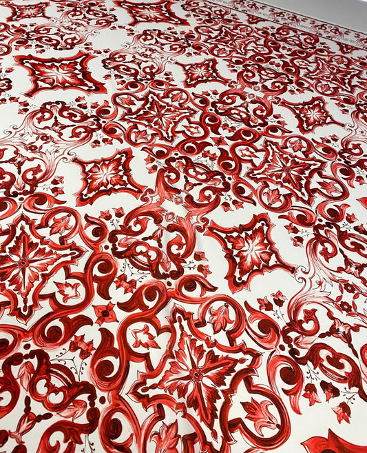 Red Sicilian Majolica Fabric – Custom Printed Fabric on Satin, Crepe, Spandex or Chiffon