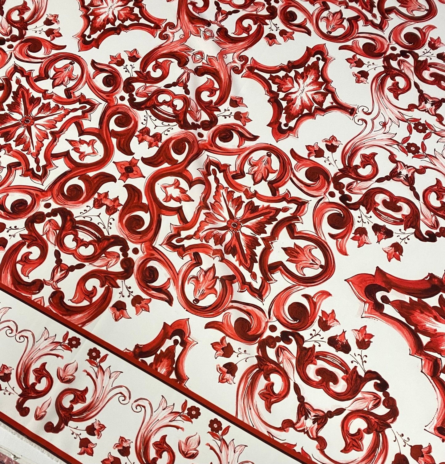 Red Sicilian Majolica Fabric – Custom Printed Fabric on Satin, Crepe, Spandex or Chiffon