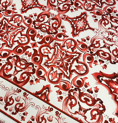 Red Sicilian Majolica Fabric – Custom Printed Fabric on Satin, Crepe, Spandex or Chiffon