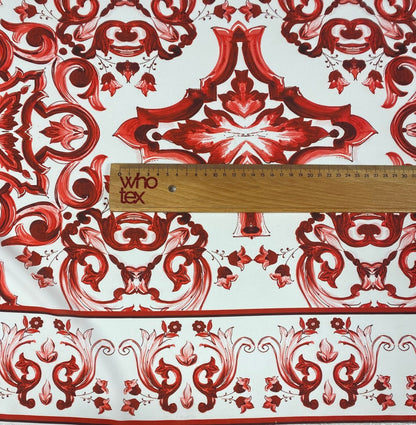 Red Sicilian Majolica Fabric – Custom Printed Fabric on Satin, Crepe, Spandex or Chiffon