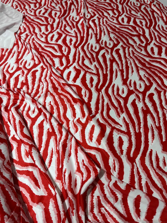 Red Tiger Pattern Fabric with Bold Red and White Stripes
