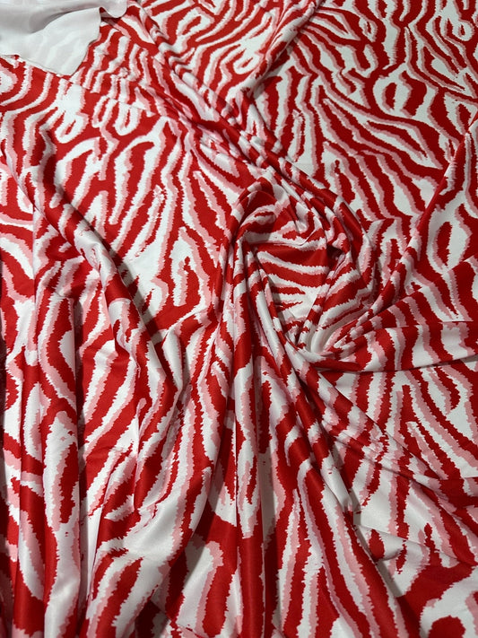 Red Tiger Pattern Fabric with Bold Red and White Stripes