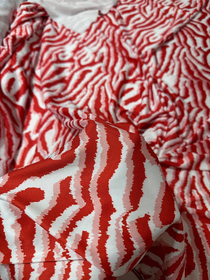 Red Tiger Pattern Fabric with Bold Red and White Stripes