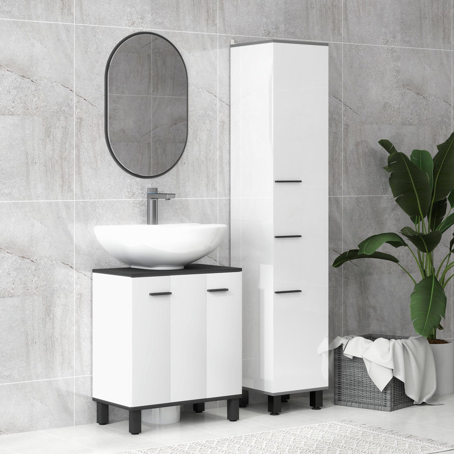 HOMCOM Bathroom Under Sink Cabinet with Adjustable Shelf High Gloss White