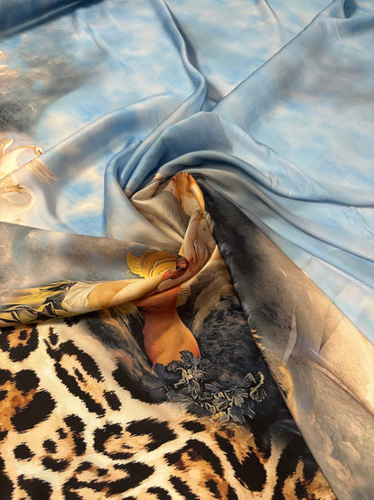 Renaissance Art & Leopard Print Satin Fabric by the Metre