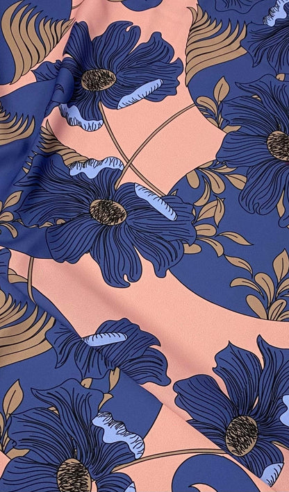 Retro Style Blue Floral on Peach Background Fabric – Available in Satin, Crepe, Spandex & Chiffon | By Metre