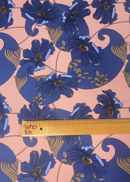 Retro Style Blue Floral Print on Peach Background