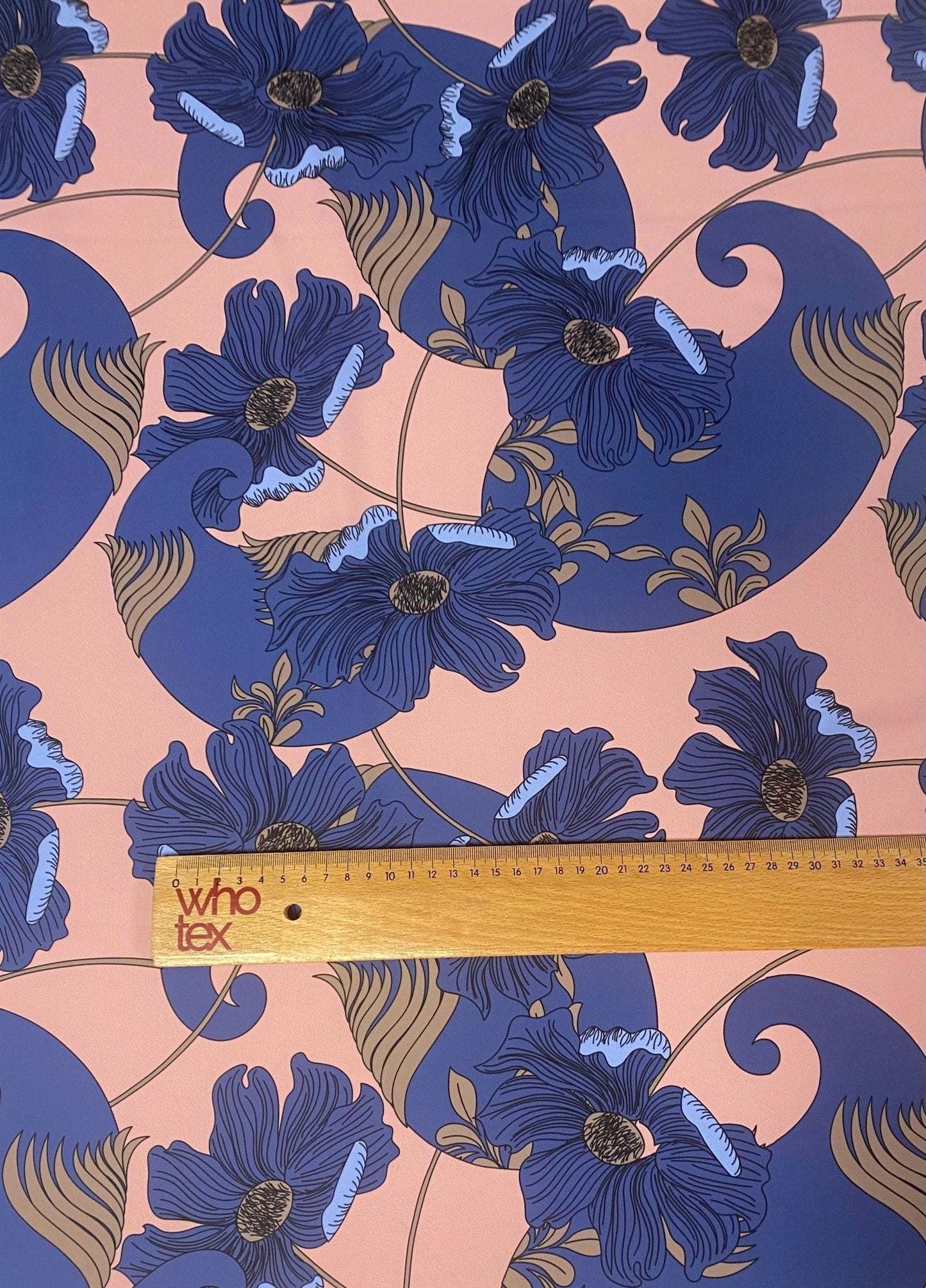 Retro Style Blue Floral on Peach Background Fabric – Available in Satin, Crepe, Spandex & Chiffon | By Metre