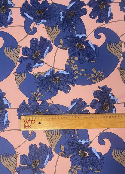 Retro Style Blue Floral on Peach Background Fabric – Available in Satin, Crepe, Spandex & Chiffon | By Metre