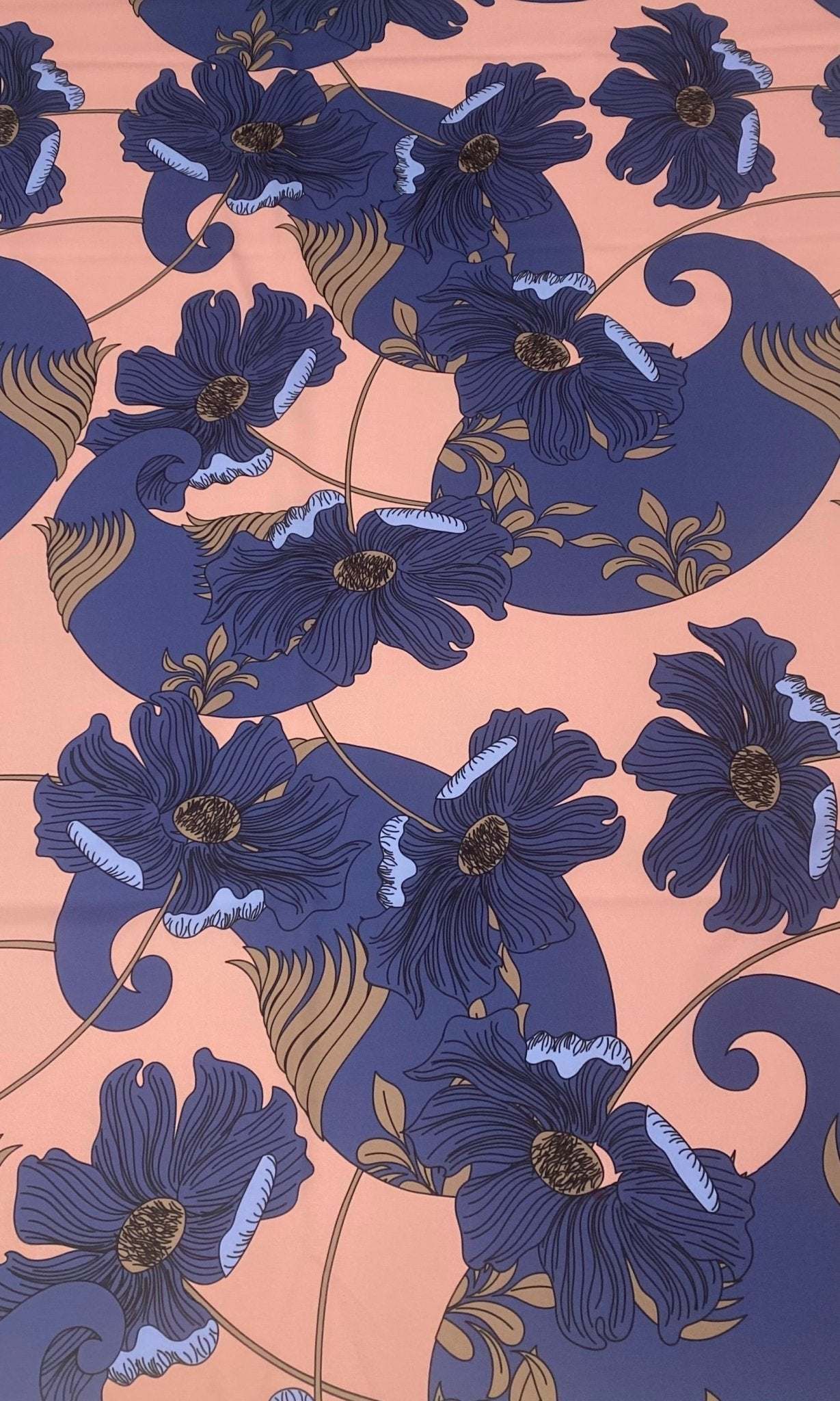 Retro Style Blue Floral on Peach Background Fabric – Available in Satin, Crepe, Spandex & Chiffon | By Metre