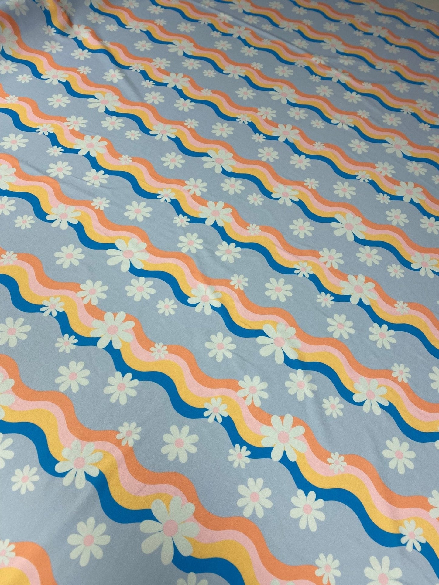 Retro Wave Daisy Print Fabric – Floral Pattern by Metre