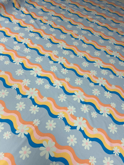 Retro Wave Daisy Print Fabric – Floral Pattern by Metre