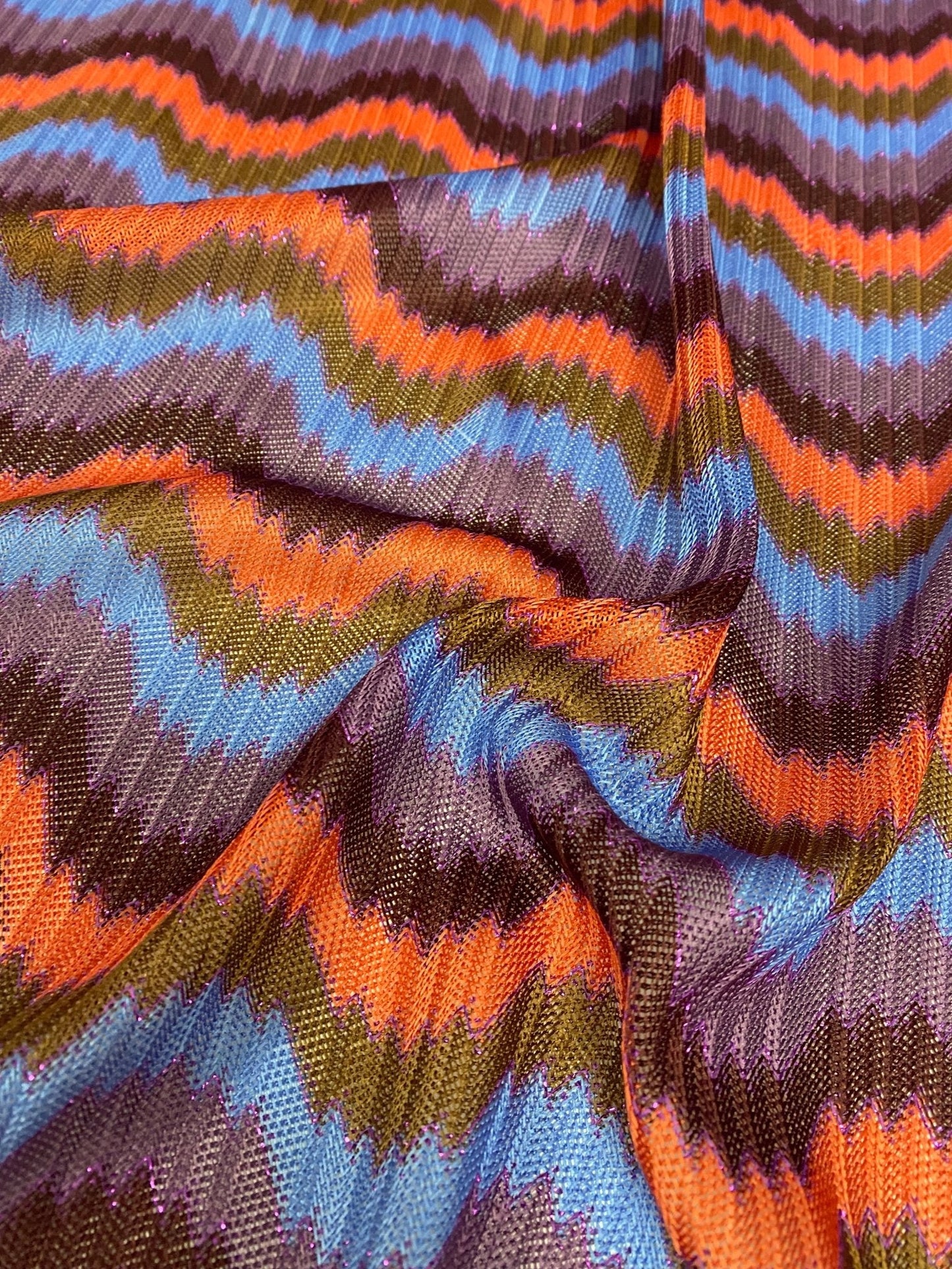 Retro Wavy Mesh Fabric - Multicolor Zigzag Pattern