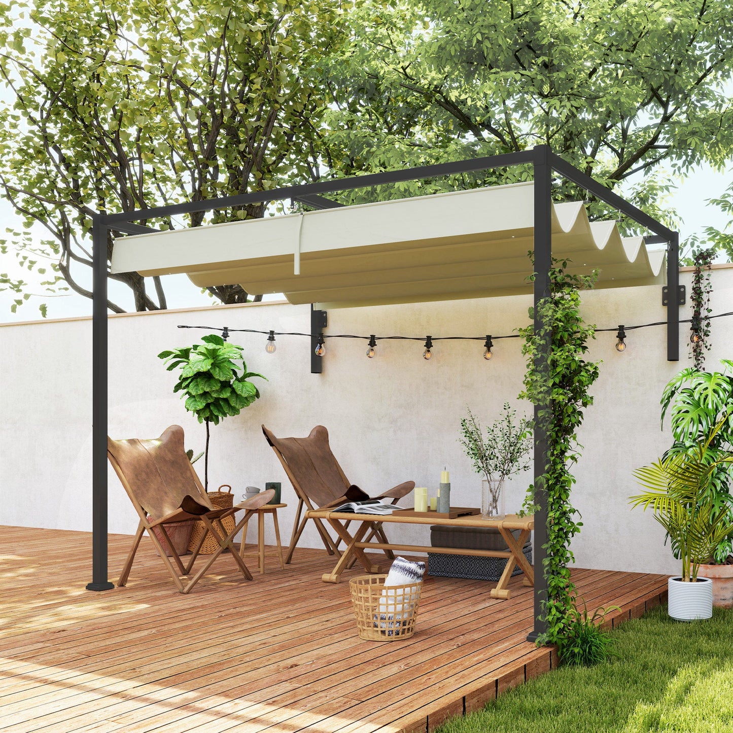 Outsunny 2 x 3(m) Wall Mounted Pergola with Retractable Roof, Khaki