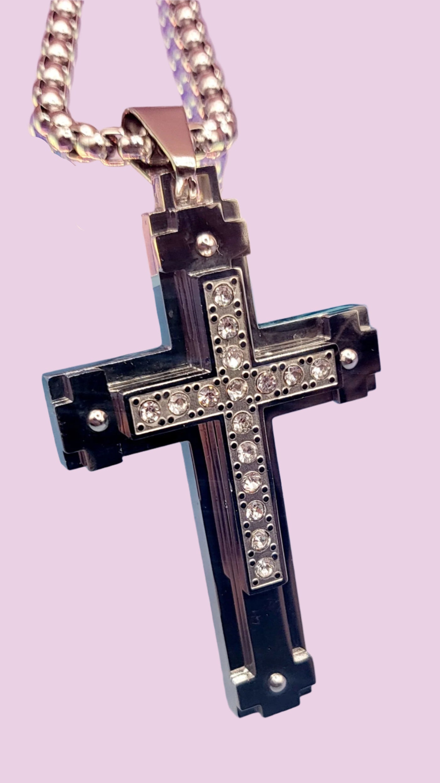 Layered Crystal Black & Silver Cross Necklace