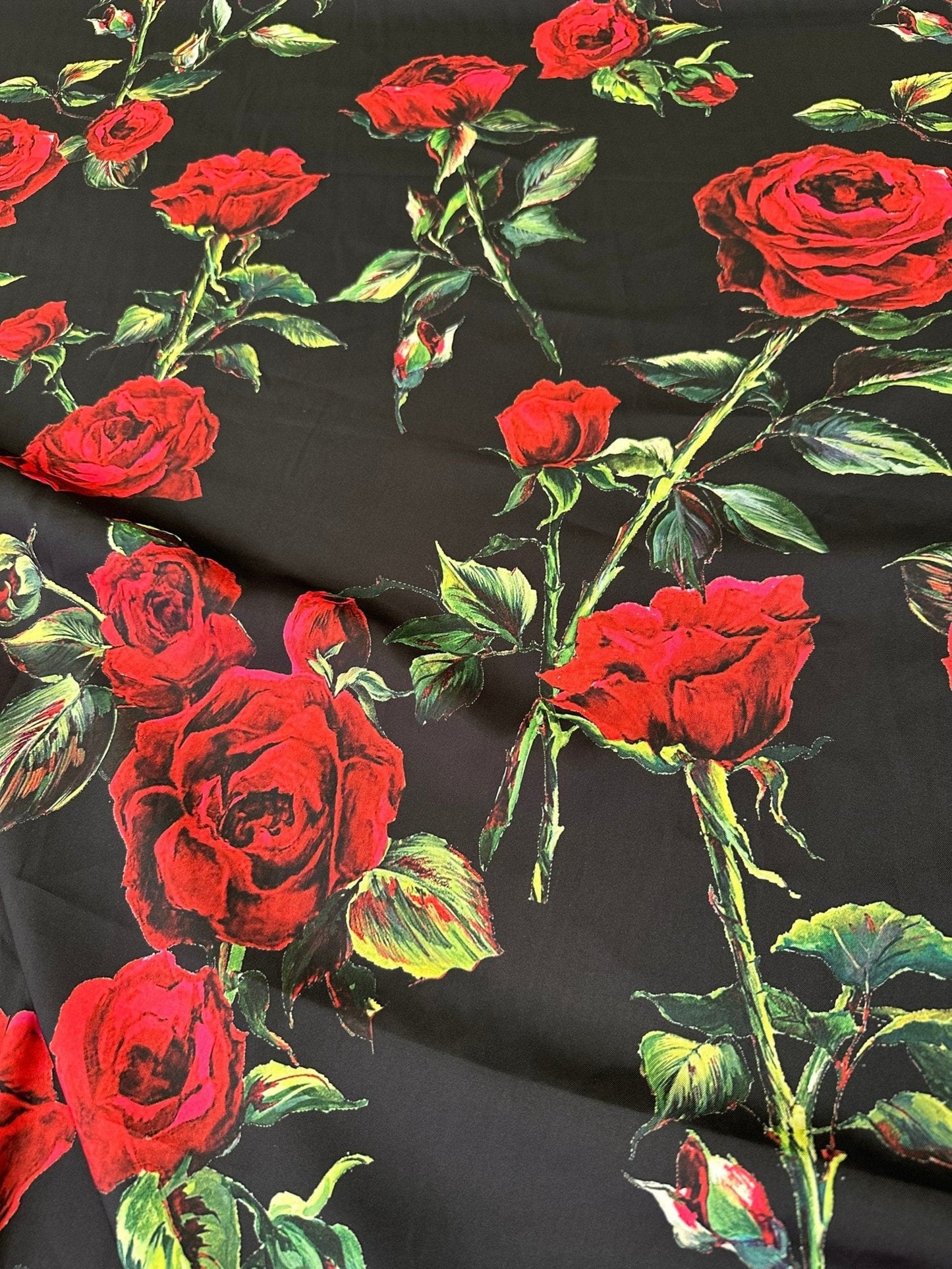 Black and Red Floral Rose Pattern Fabric for Sewing and Crafts