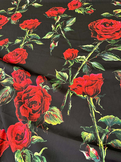 Black and Red Floral Rose Pattern Fabric for Sewing and Crafts – Custom Printed Fabric on Satin, Crepe, Spandex or Chiffon