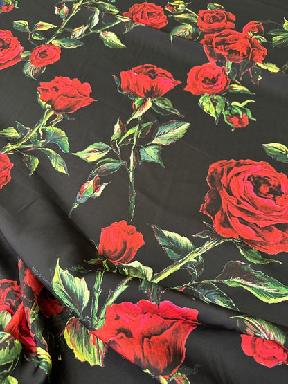 Black and Red Floral Rose Pattern Fabric for Sewing and Crafts
