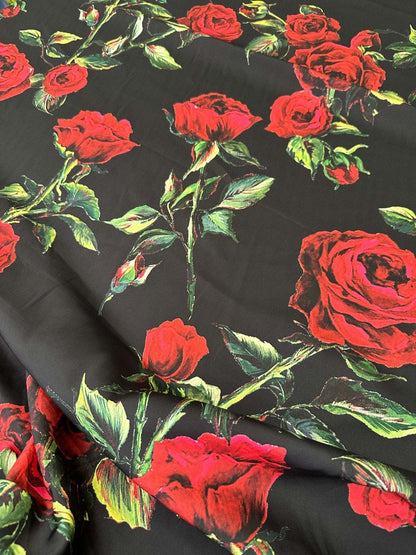 Black and Red Floral Rose Pattern Fabric for Sewing and Crafts – Custom Printed Fabric on Satin, Crepe, Spandex or Chiffon