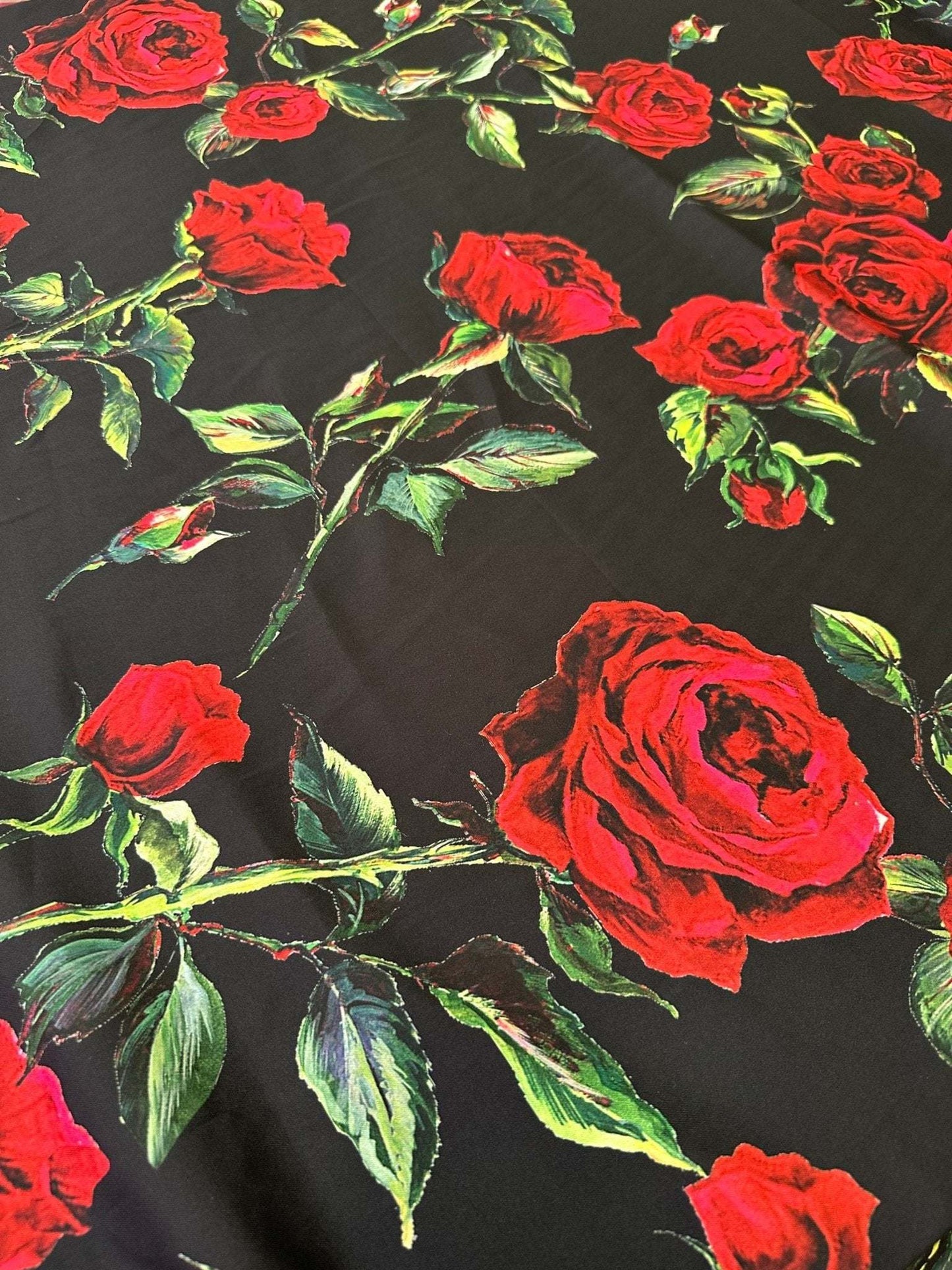 Black and Red Floral Rose Pattern Fabric for Sewing and Crafts – Custom Printed Fabric on Satin, Crepe, Spandex or Chiffon