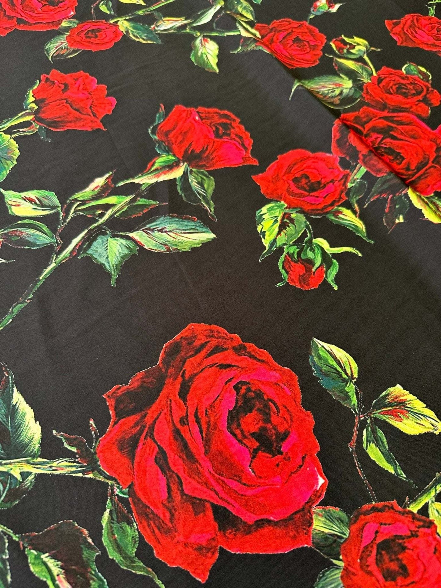 Black and Red Floral Rose Pattern Fabric for Sewing and Crafts – Custom Printed Fabric on Satin, Crepe, Spandex or Chiffon