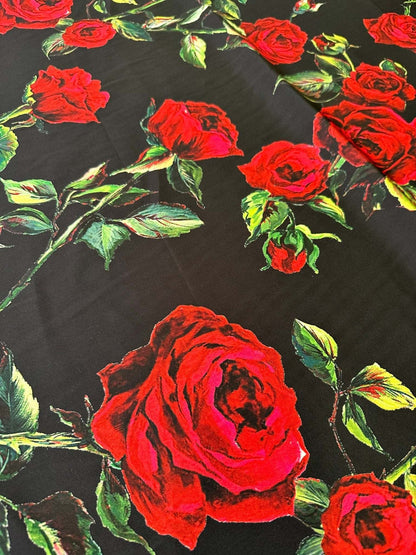Black and Red Floral Rose Pattern Fabric for Sewing and Crafts – Custom Printed Fabric on Satin, Crepe, Spandex or Chiffon