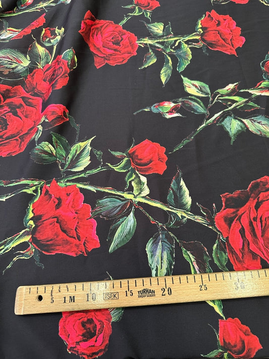 Black and Red Floral Rose Pattern Fabric for Sewing and Crafts