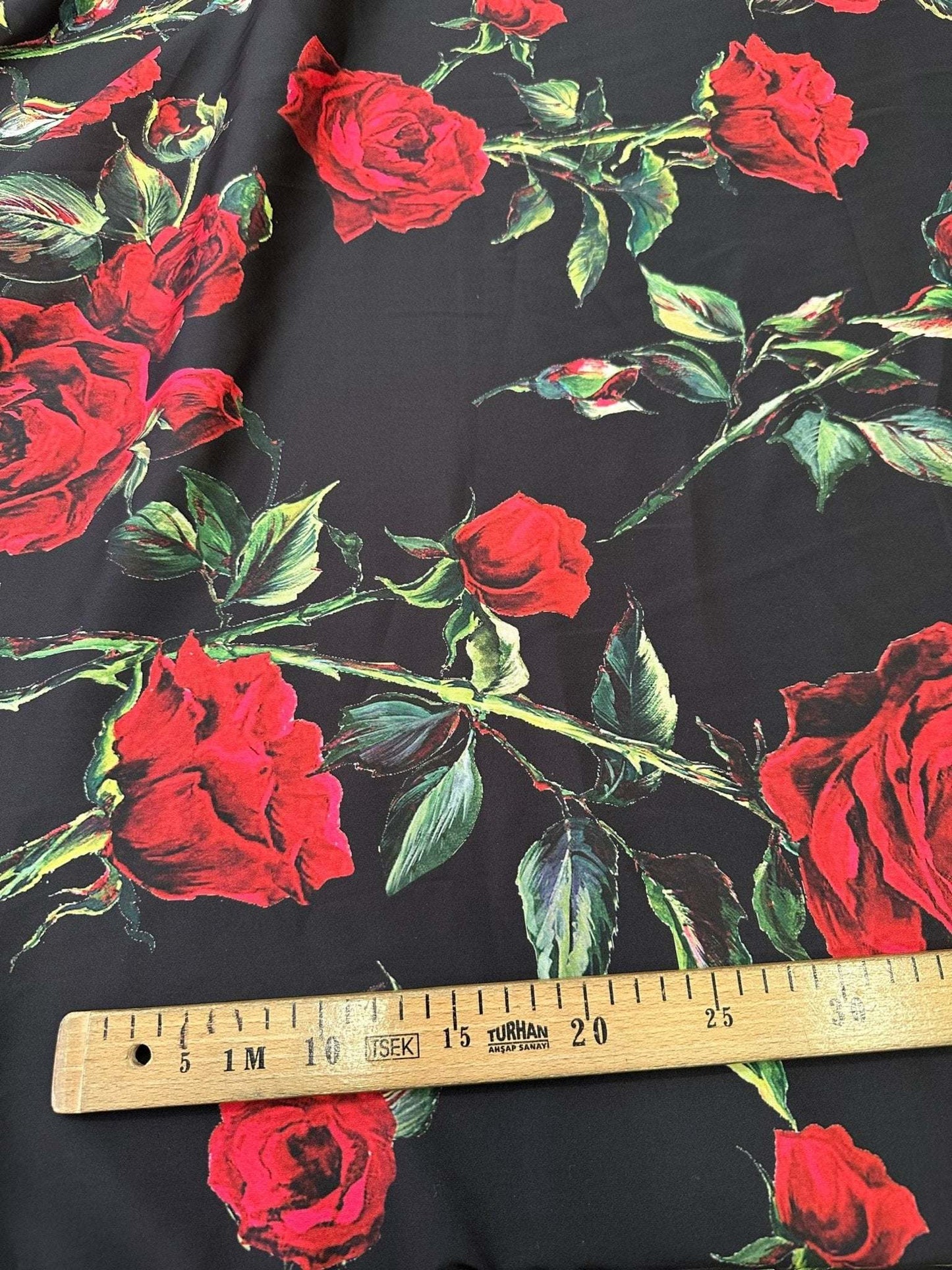 Black and Red Floral Rose Pattern Fabric for Sewing and Crafts – Custom Printed Fabric on Satin, Crepe, Spandex or Chiffon