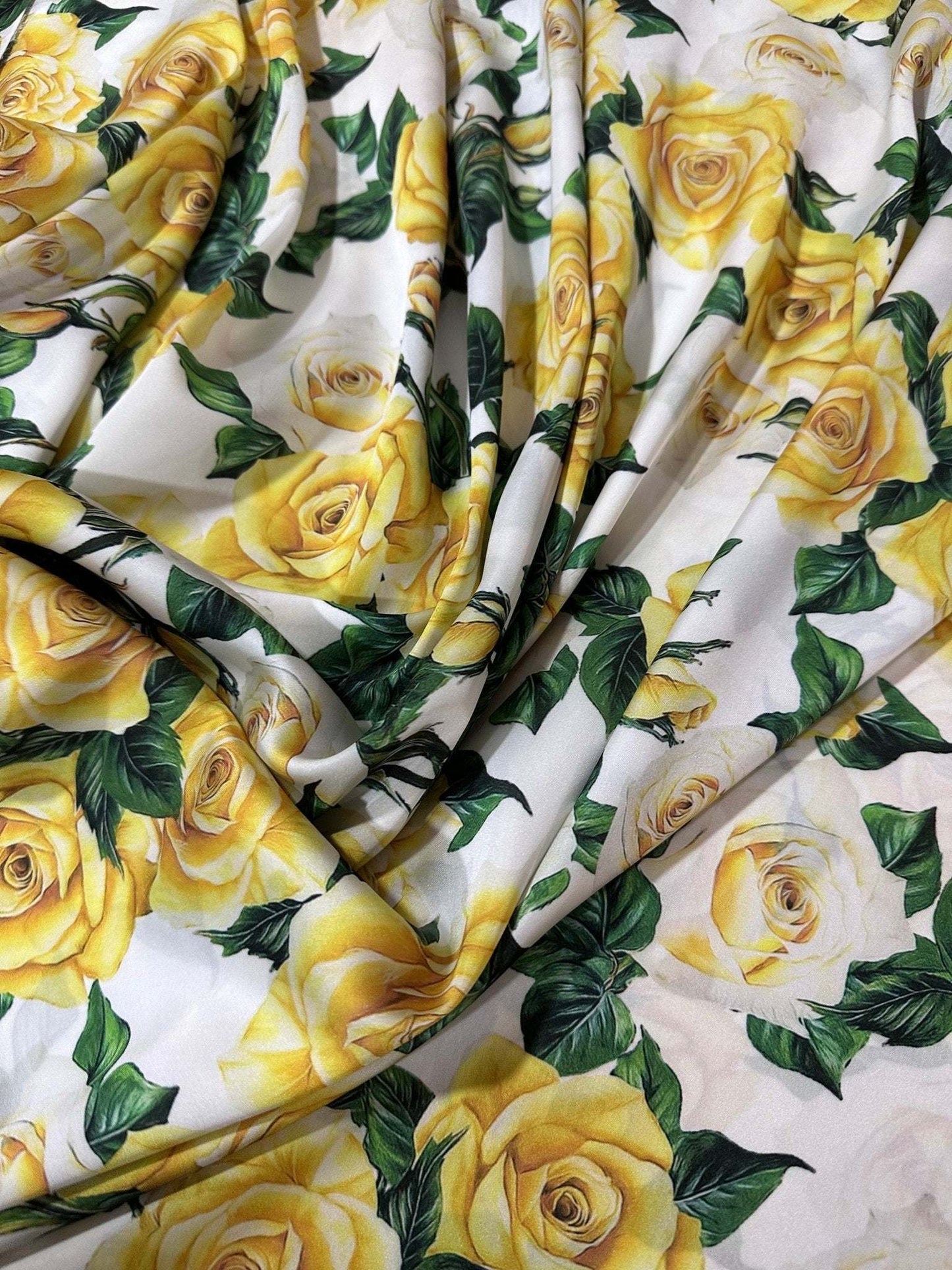 Yellow Floral Rose Pattern Fabric – Custom Printed Fabric, Choose Material by Metre