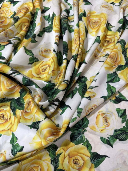 Yellow Floral Rose Pattern Fabric – Custom Printed Fabric, Choose Material by Metre