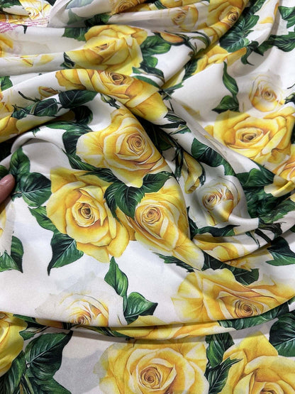 Yellow Floral Rose Pattern Fabric – Custom Printed Fabric, Choose Material by Metre
