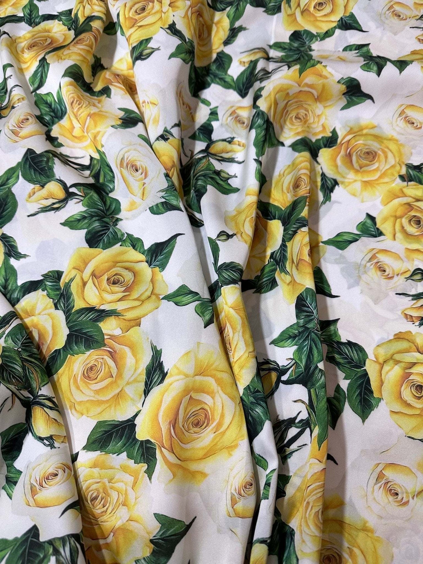 Yellow Floral Rose Pattern Fabric – Custom Printed Fabric, Choose Material by Metre