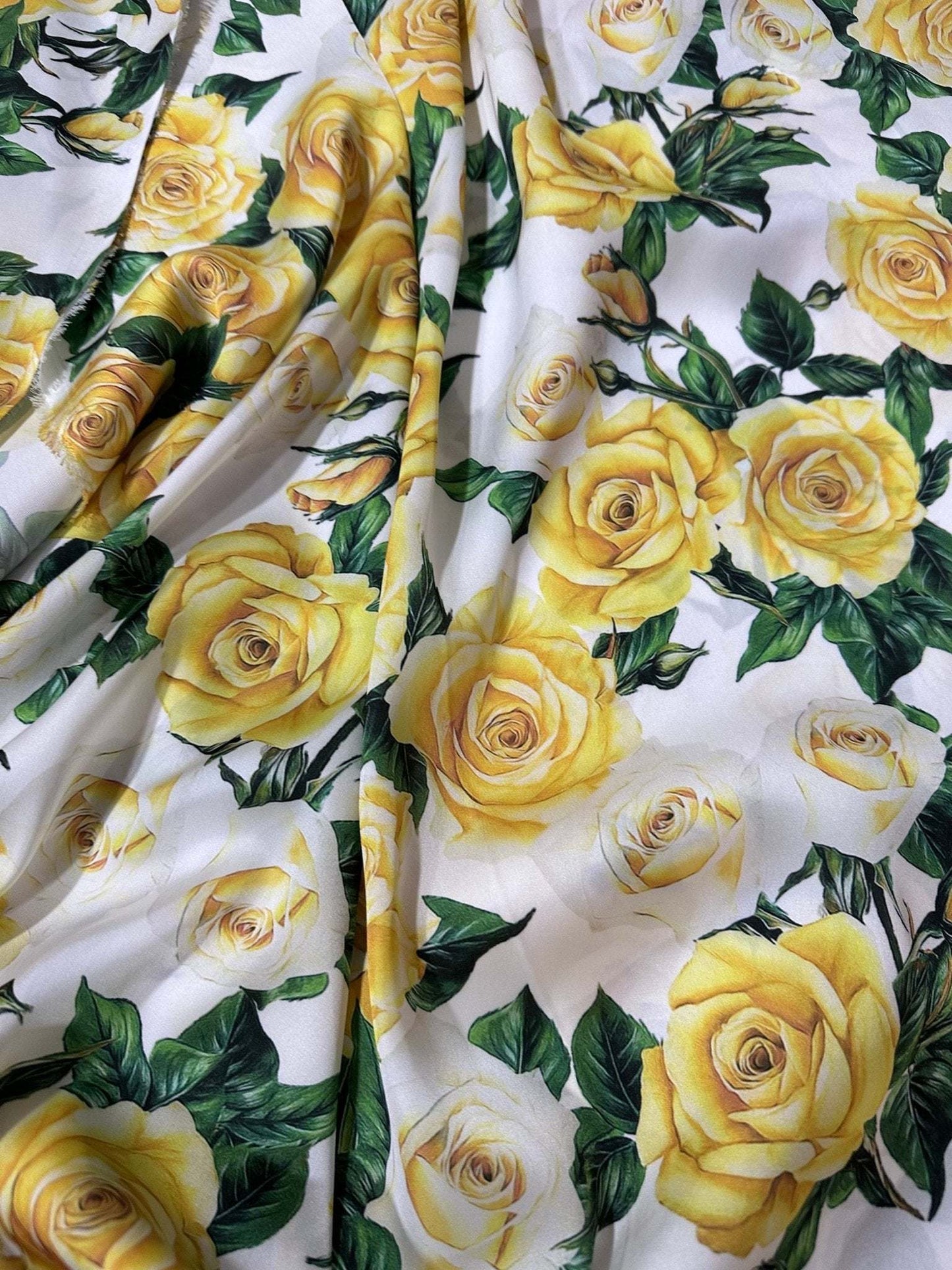Yellow Floral Rose Pattern Fabric – Custom Printed Fabric, Choose Material by Metre