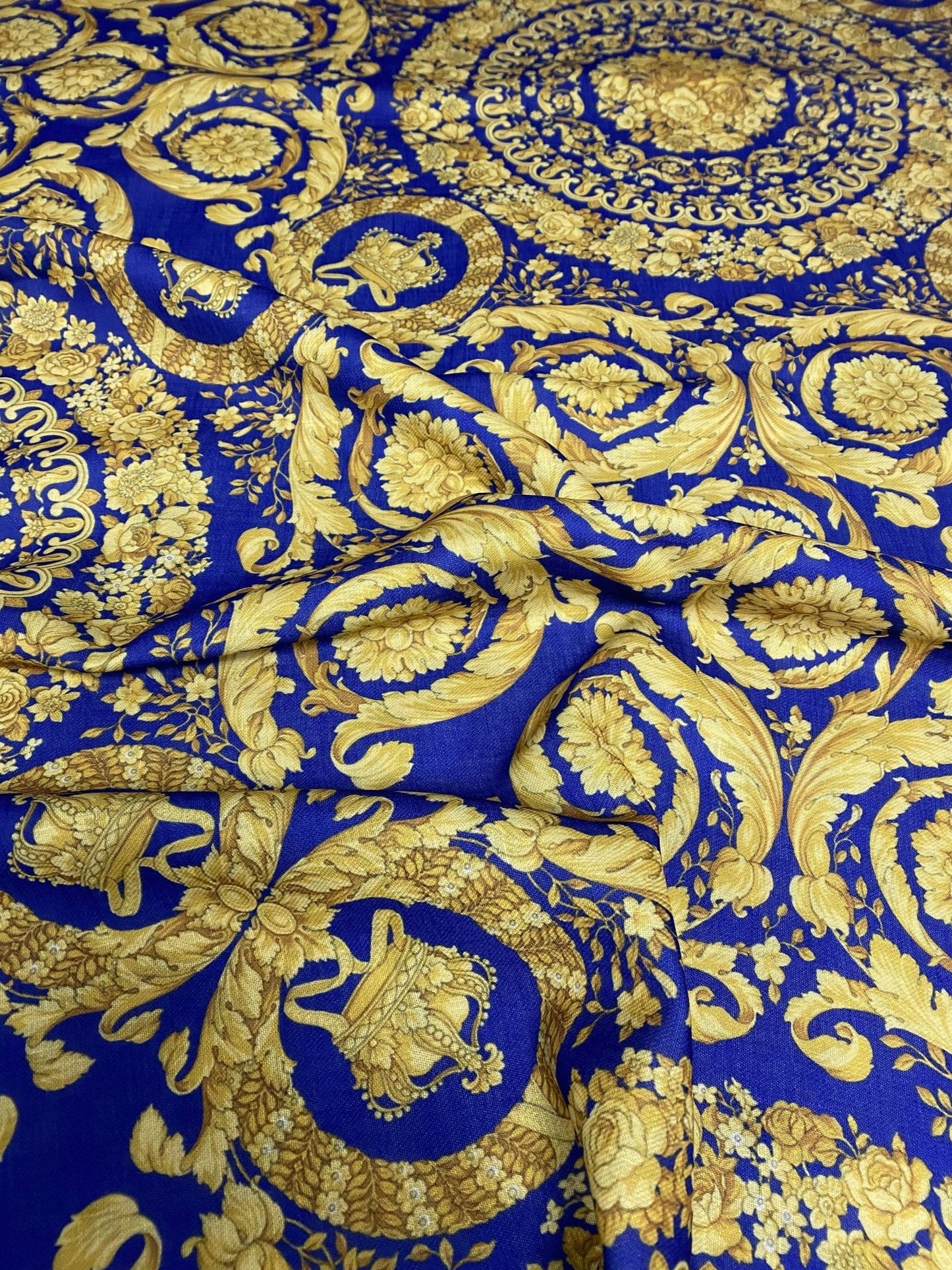 Royal Blue Baroque Poly Linen Fabric by the Metre