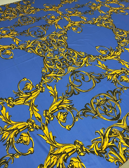 Royal Blue Baroque Pattern Fabric – Custom Printed Fabric on Satin, Crepe, Spandex or Chiffon