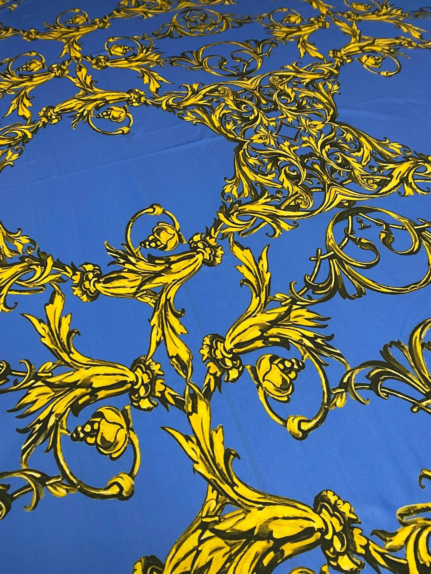 Royal Blue Baroque Pattern Fabric – Custom Printed Fabric on Satin, Crepe, Spandex or Chiffon