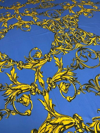 Royal Blue Baroque Pattern Fabric – Custom Printed Fabric on Satin, Crepe, Spandex or Chiffon