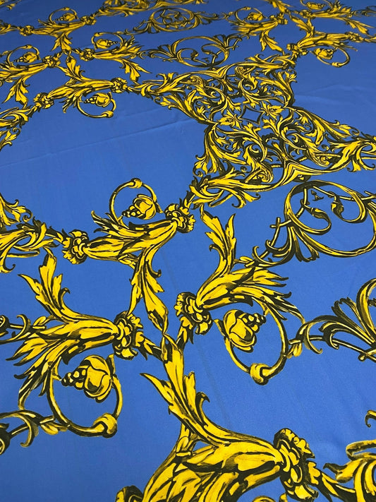 Royal Blue Baroque Pattern Fabric – Custom Printed Fabric on Satin, Crepe, Spandex or Chiffon