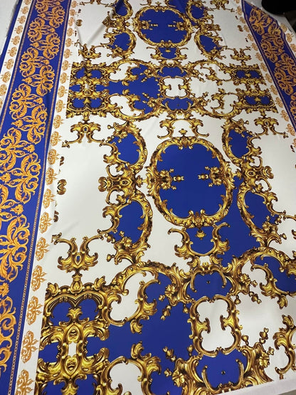 Royal Blue Baroque Pattern Fabric – Custom Printed Fabric, Choose Material by Metre