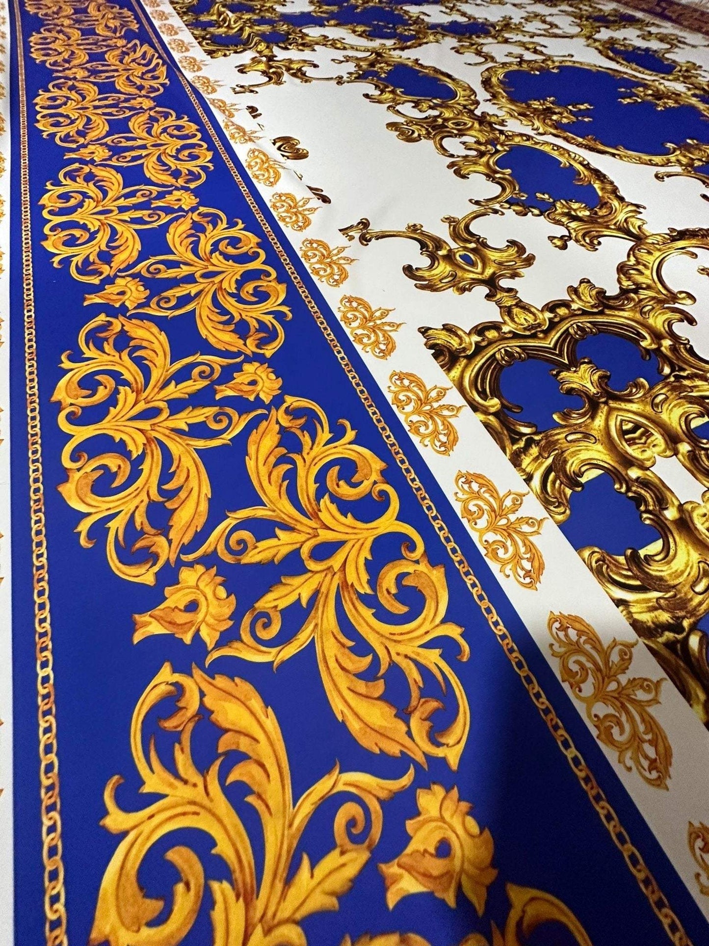 Royal Blue Baroque Pattern Fabric – Custom Printed Fabric, Choose Material by Metre
