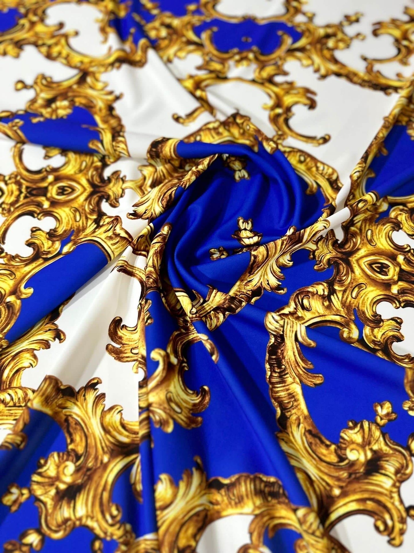 Royal Blue Baroque Pattern Fabric – Custom Printed Fabric, Choose Material by Metre